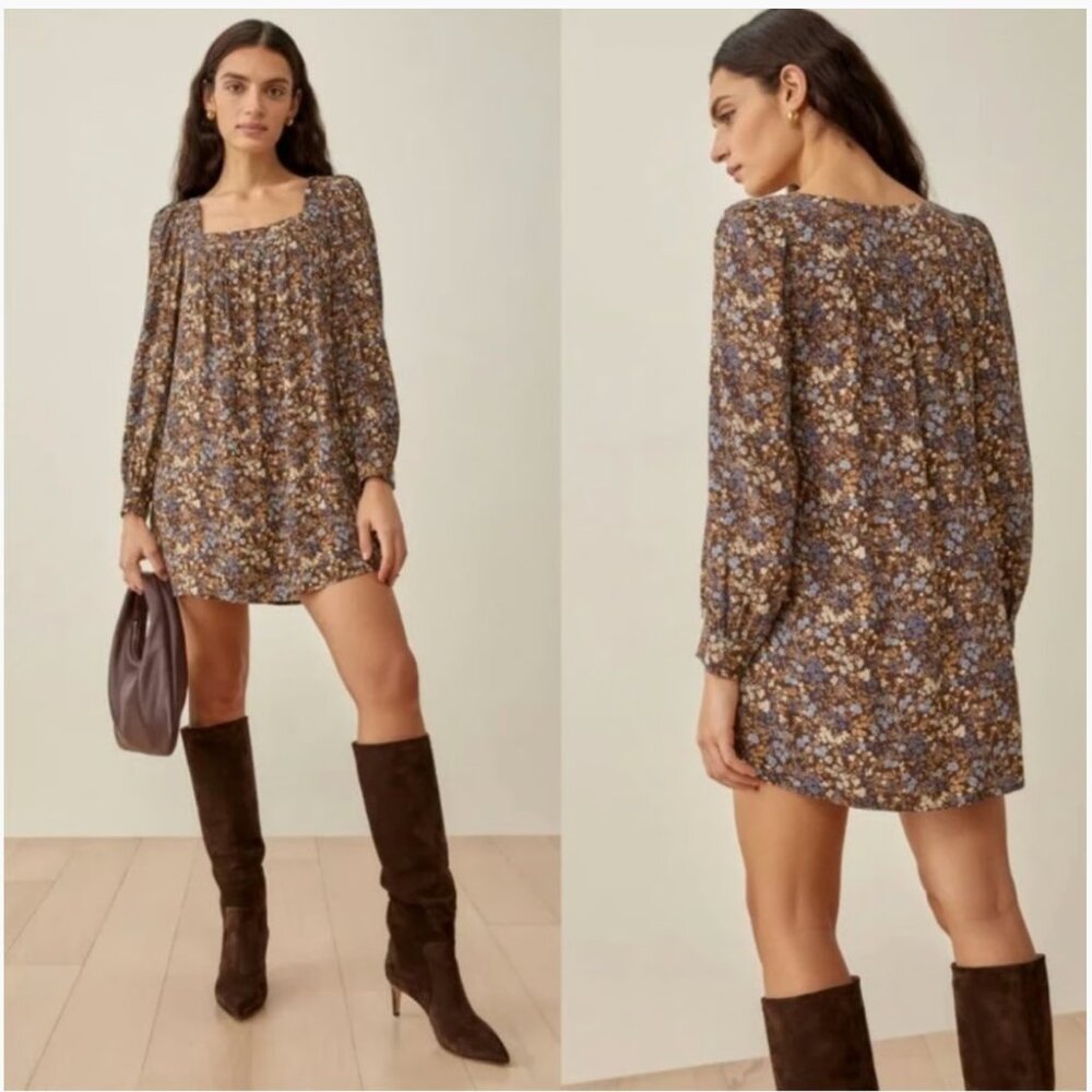 Reformation Blake Mini Dress – Brown Blue Floral, Size M